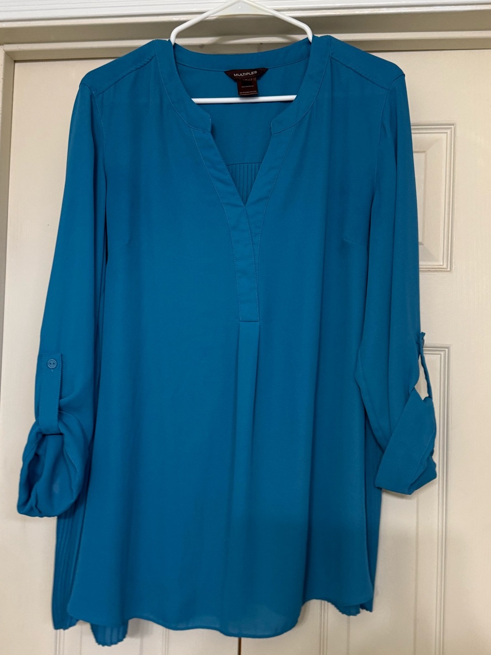 Multiples Teal Split-Neck Roll-Sleeve Blouse